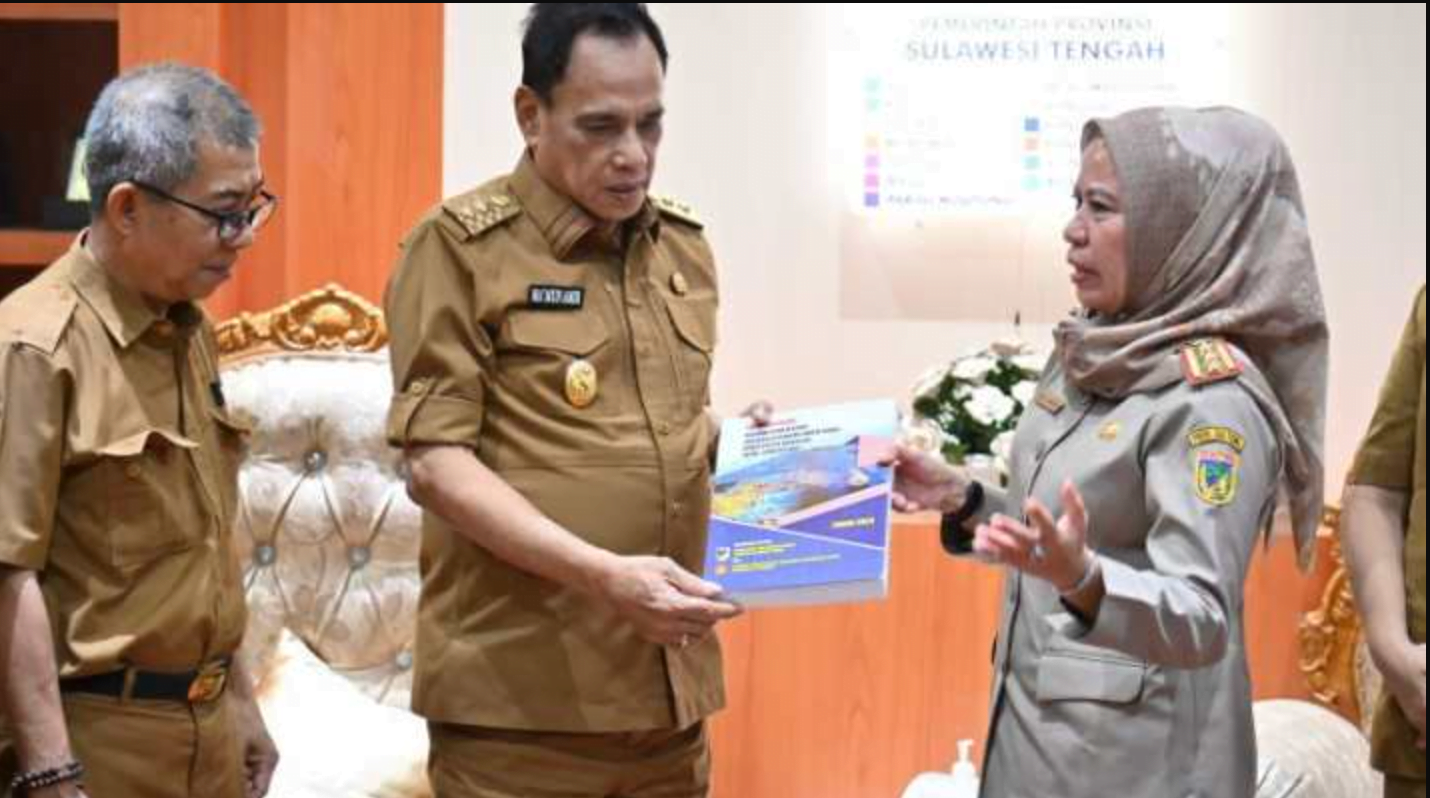Kepala Brida Sulteng Farida Lamarauna (kanan) menyerahkan hasil studi kelayakan DOB Kabupaten Banggai kepada Wagub Sulteng Ma'mun Amir di Palu, Selasa (14/5/2024). FOTO : IST